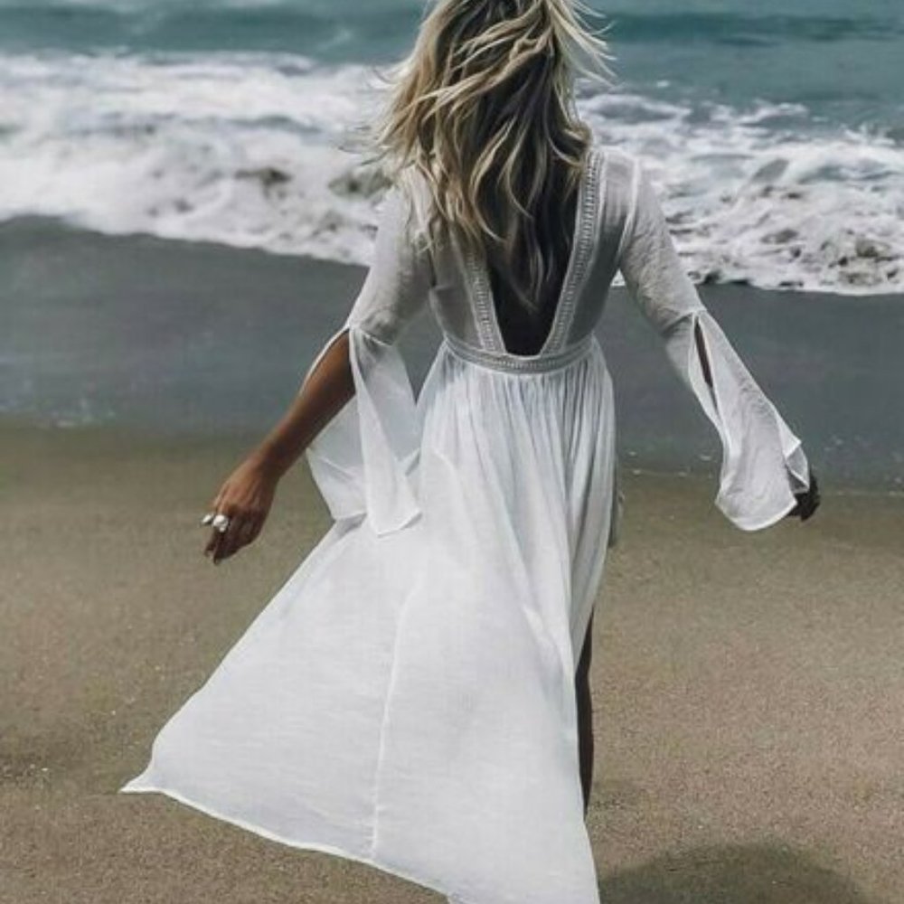New Boho White Kimono Maxi Beach Dress Cover-Up - Picture 3 of 8